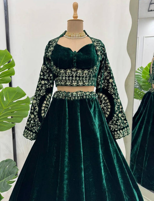 Emerald Green Velvet Lehenga Choli