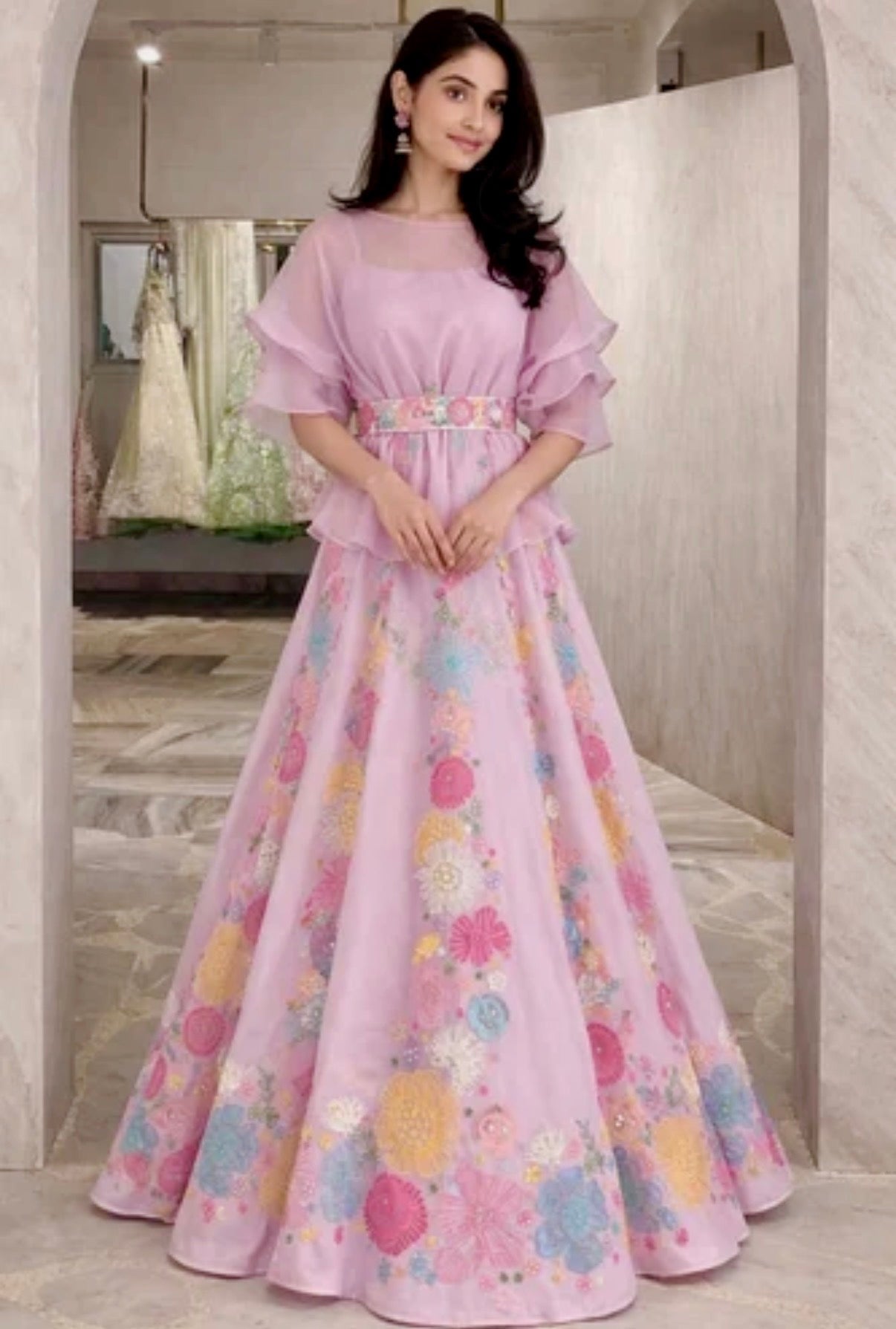 Pink Floral Indo-Western Lehenga Set
