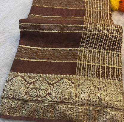 HO Silk Saree with Golden Zari Border & Sequin Work