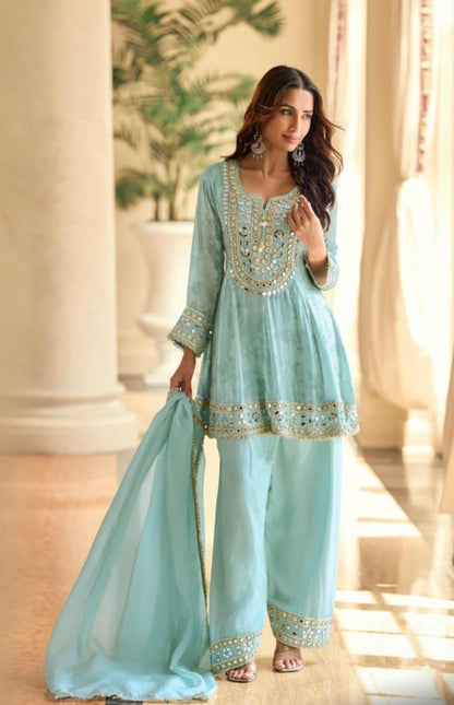 Mirror Work Simar Silk Suit Set with Embroidered Dupatta