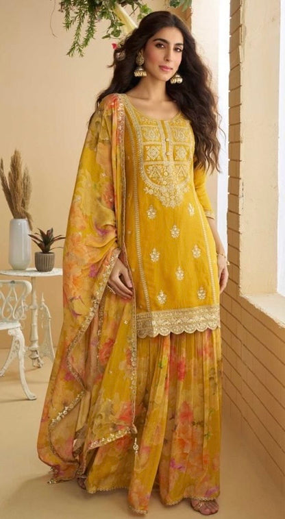 Premium Chinon Silk Embroidered Palazzo Suit Set with Dupatta – Free Size Stitched