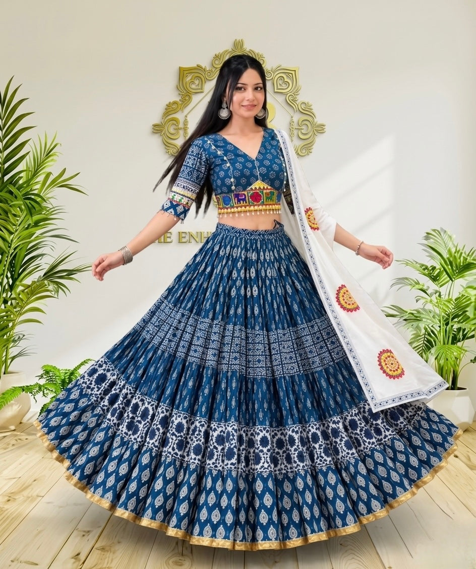 Premium Denim Gamthi Chaniya Choli - 10 Meter Flare Cotton Lehenga
