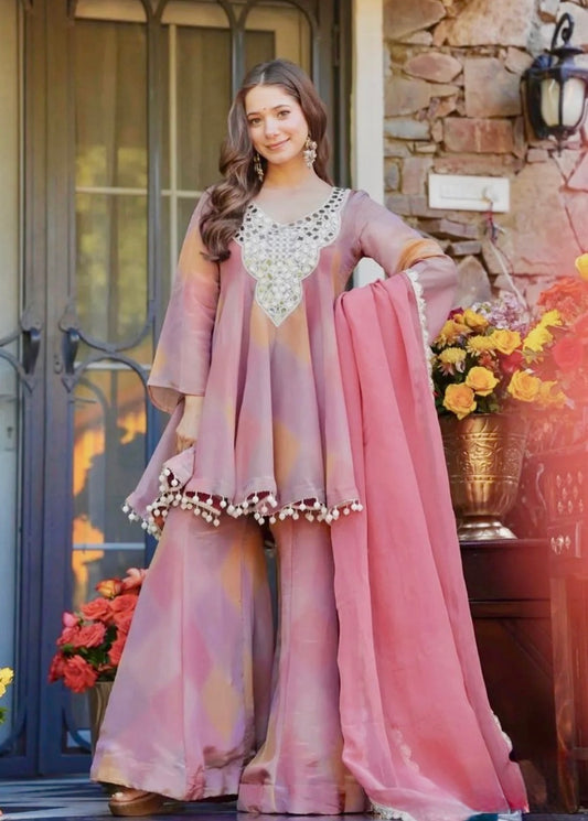 Designer Heavy Cosmos Silk Plazoo Top Set with Mirror Work & Dupatta