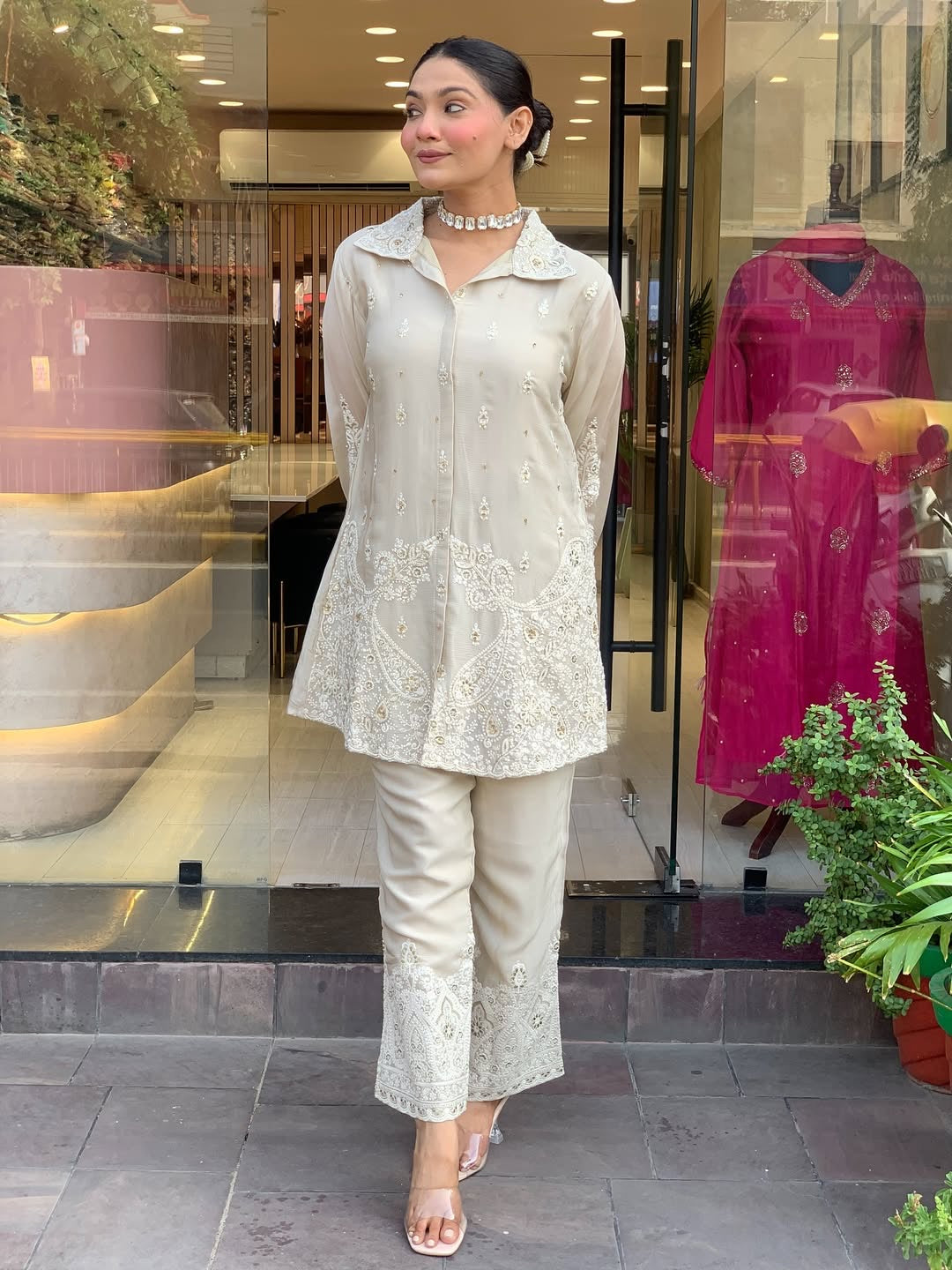 Party Wear Chanderi Silk Embroidered Co-Ord Set