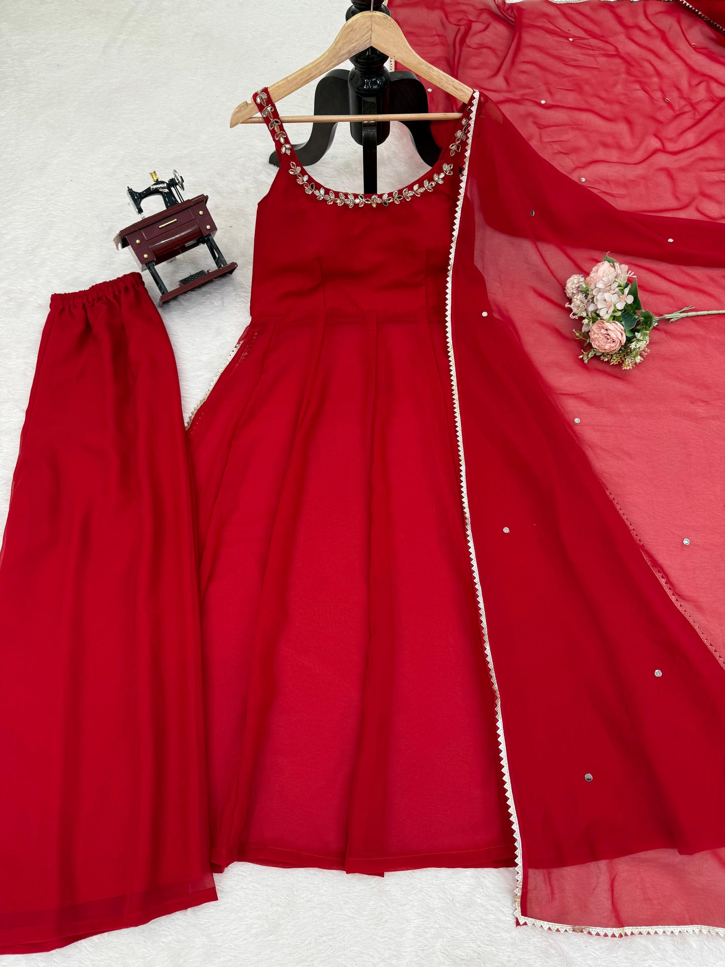 Red Hand Mirror Work Anarkali Suit Set with Palazzo & Dupatta