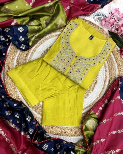 Lemon Viscose Chanderi Embroidered Kurta Pant Dupatta Set