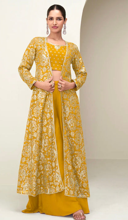 Chinon Silk Embroidered Long Jacket With Palazzo Set