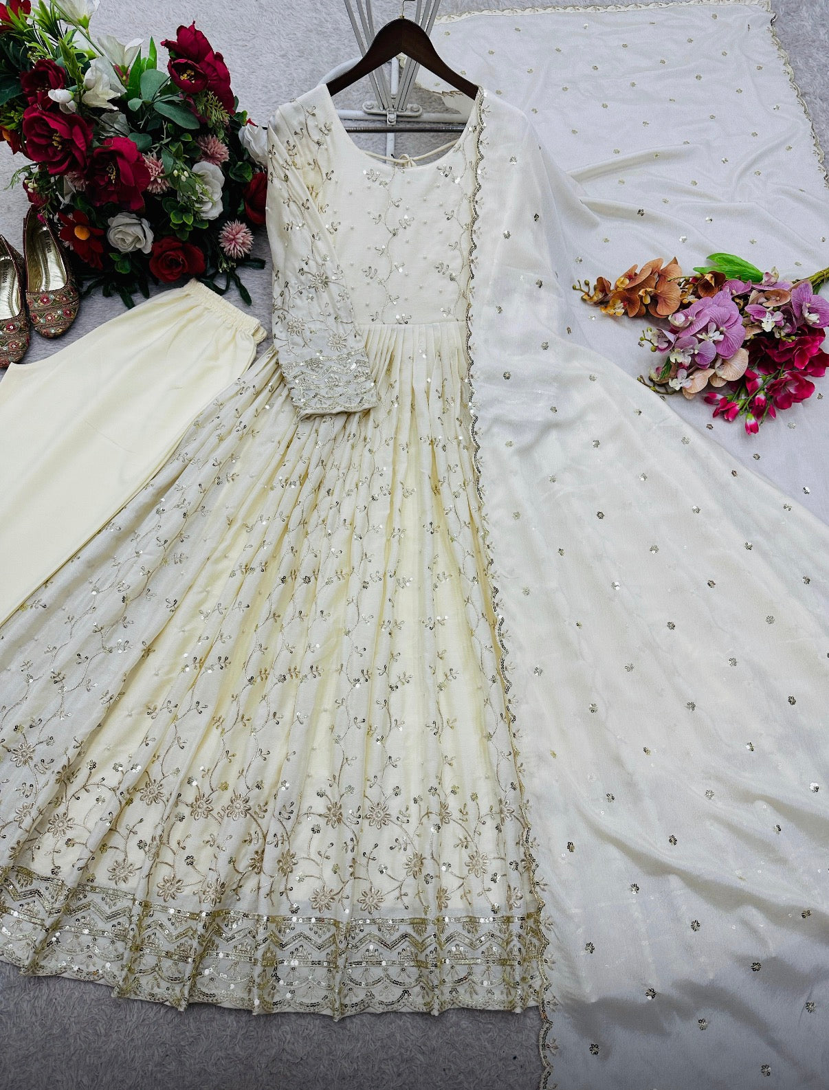 Off-White Chinon Silk Embroidered Anarkali Gown Set with Dupatta & Pants