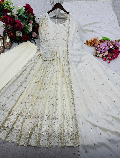 Off-White Chinon Silk Embroidered Anarkali Gown Set with Dupatta & Pants
