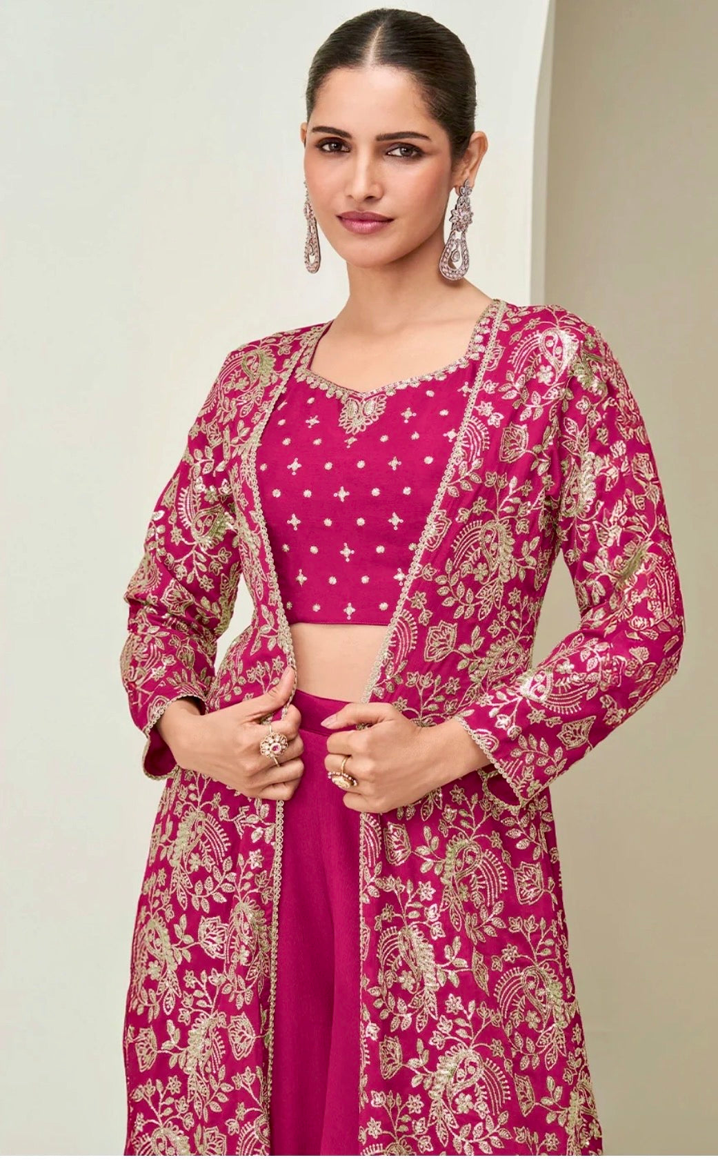 Chinon Silk Embroidered Long Jacket With Palazzo Set