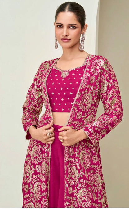 Chinon Silk Embroidered Long Jacket With Palazzo Set