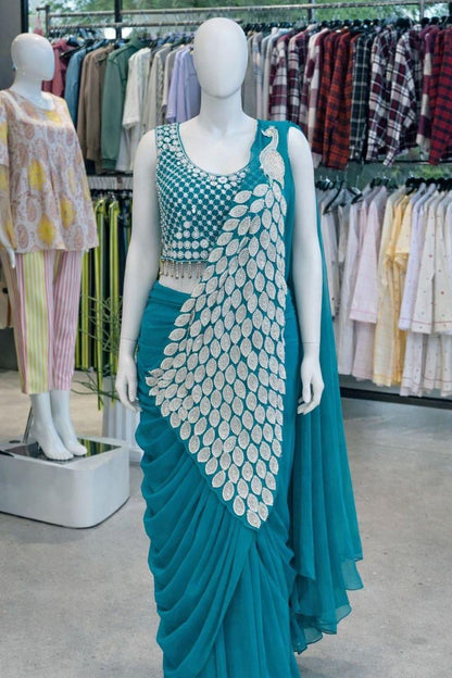 Peacock Embroidered Ready To Wear Saree