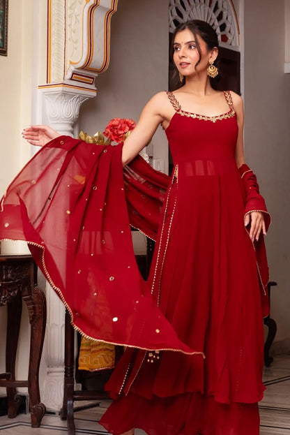 Red Hand Mirror Work Anarkali Suit Set with Palazzo & Dupatta
