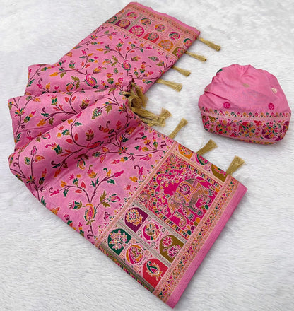 Pure Rajwadi Pashmina Silk Weaving Saree - Hand Dyed Kashmiri Pallu