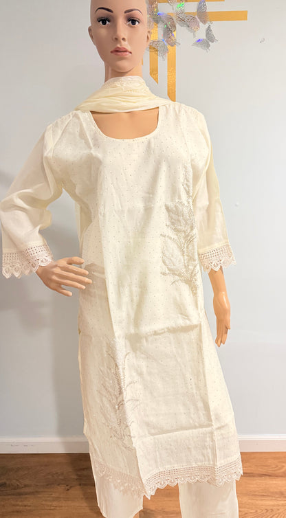 Elegant Off-White Silk Linen Embroidered Kurti Set