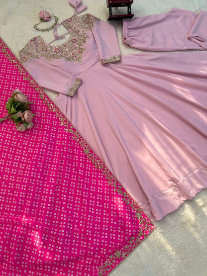 Pink Natural Crepe Silk Embroidered Gown Set with Dupatta