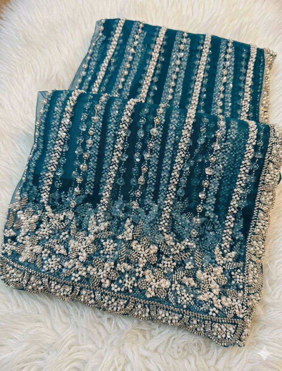 Premium Net Saree with Heavy Pearl & Sequin Embroidery