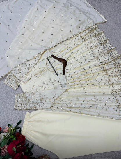 Off-White Chinon Silk Embroidered Anarkali Gown Set with Dupatta & Pants