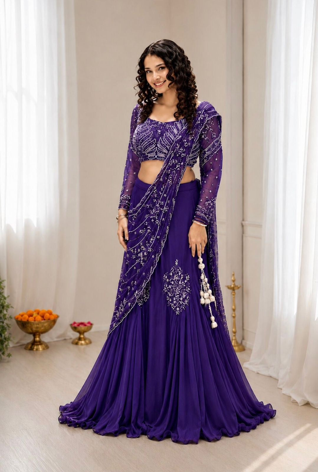 Premium Chinon Silk Lehenga Choli with Attached Pallu & Sequins Work