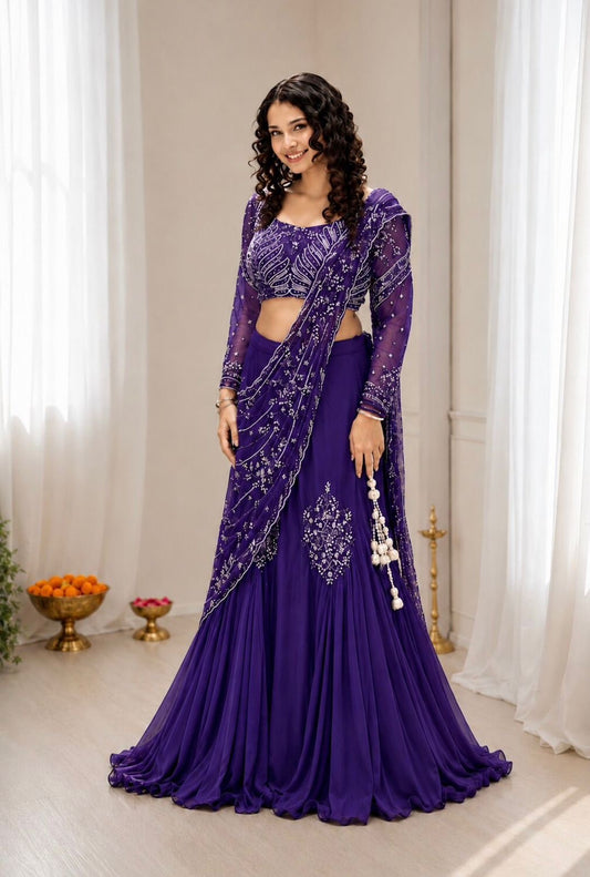 Premium Chinon Silk Lehenga Choli with Attached Pallu & Sequins Work