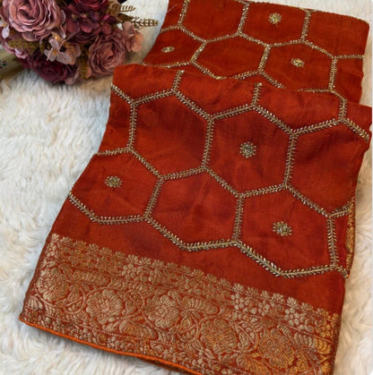 Honeycomb Handwork Soft Silk Blend Saree with Zari Border
