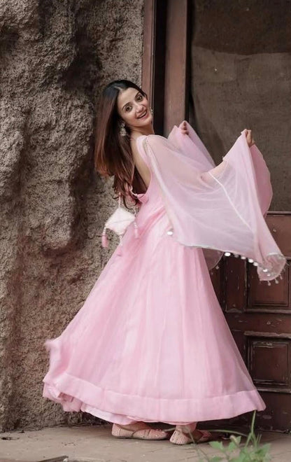 Blush Pink Faux Georgette Mirror Work Gown Set with Dupatta