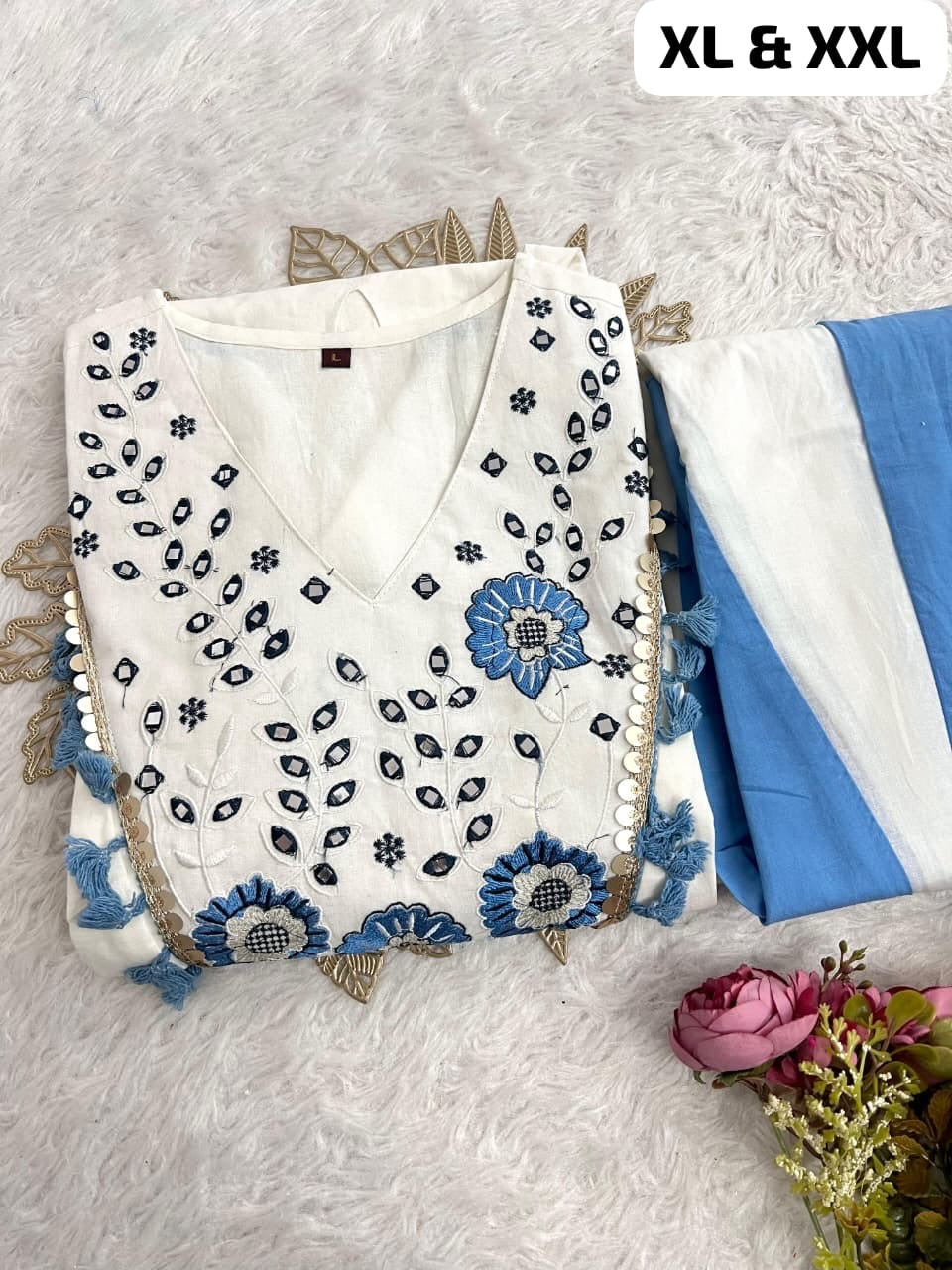 Natural Flax Cotton Mirror Work Co-ord Set