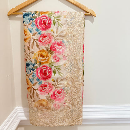 Floral Tussar Silk Saree with Cutwork Embroidered Border