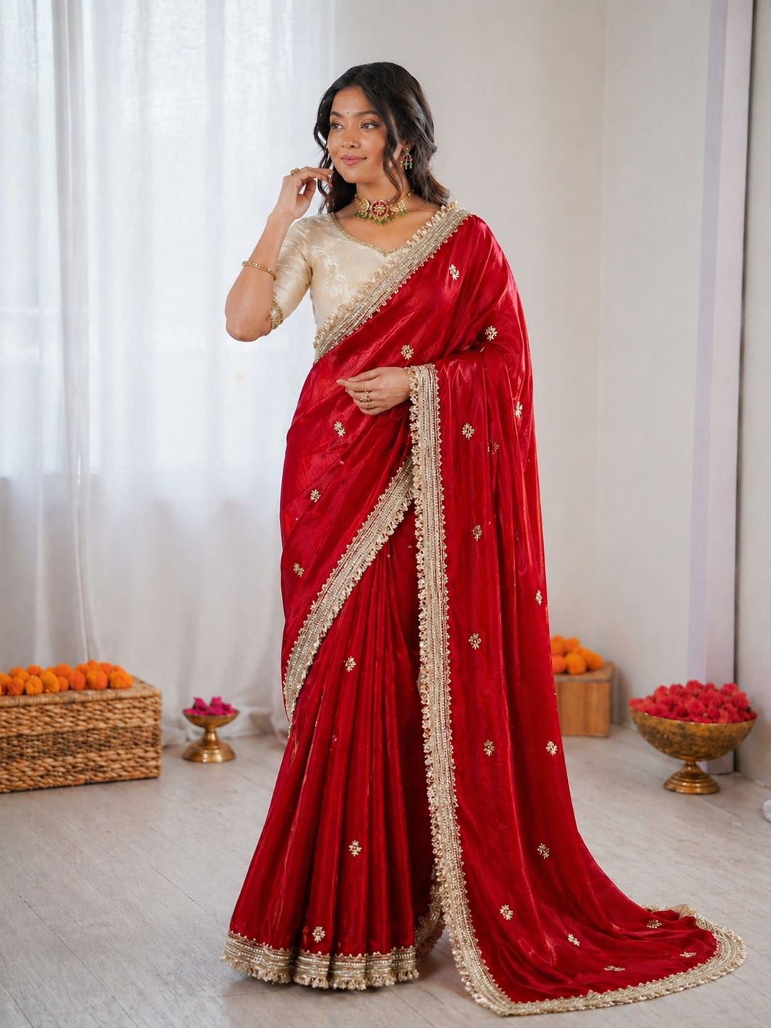 Woman wearing a red saree with gold border indoors