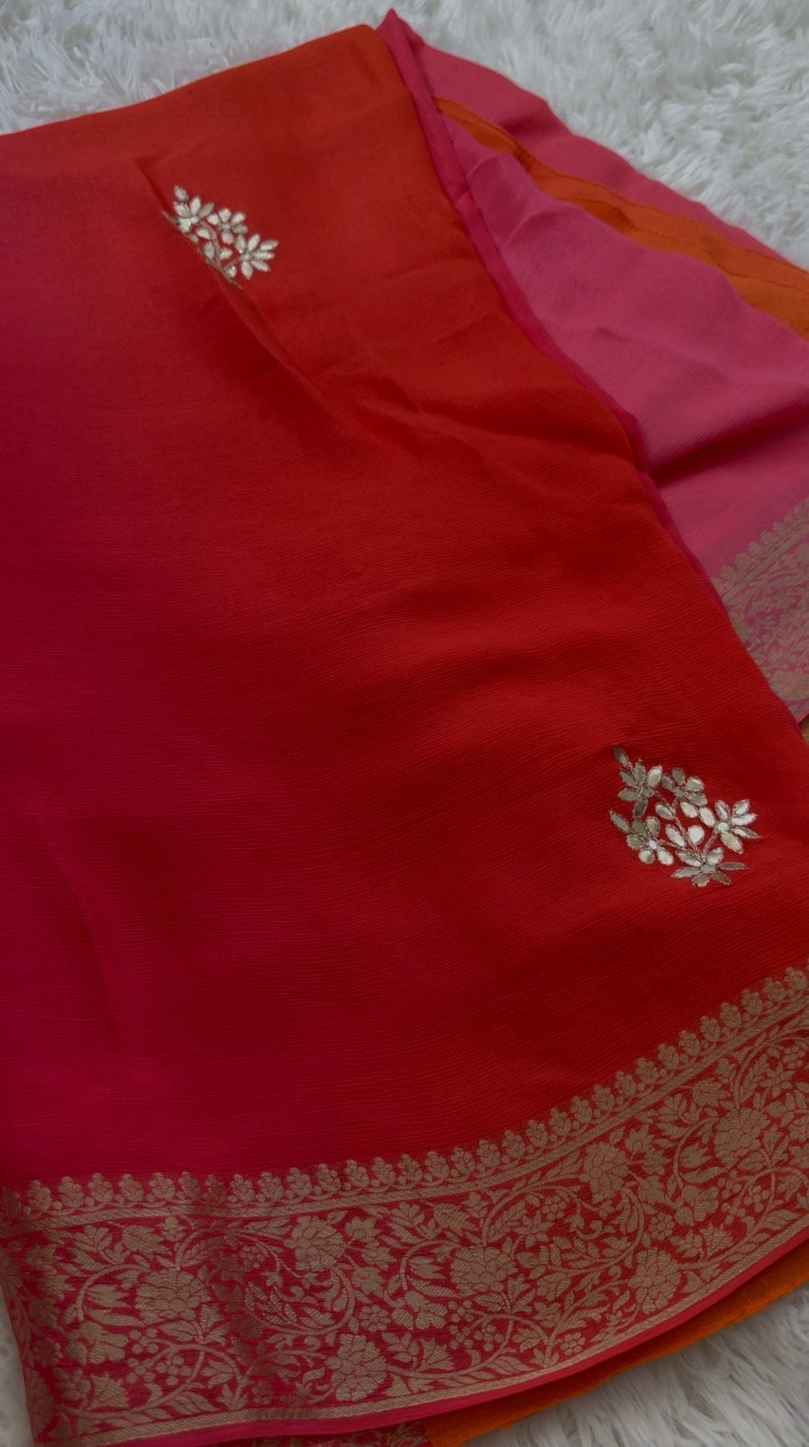 Limited Edition Pink-Orange Ombre Georgette Saree with Gota Patti Work