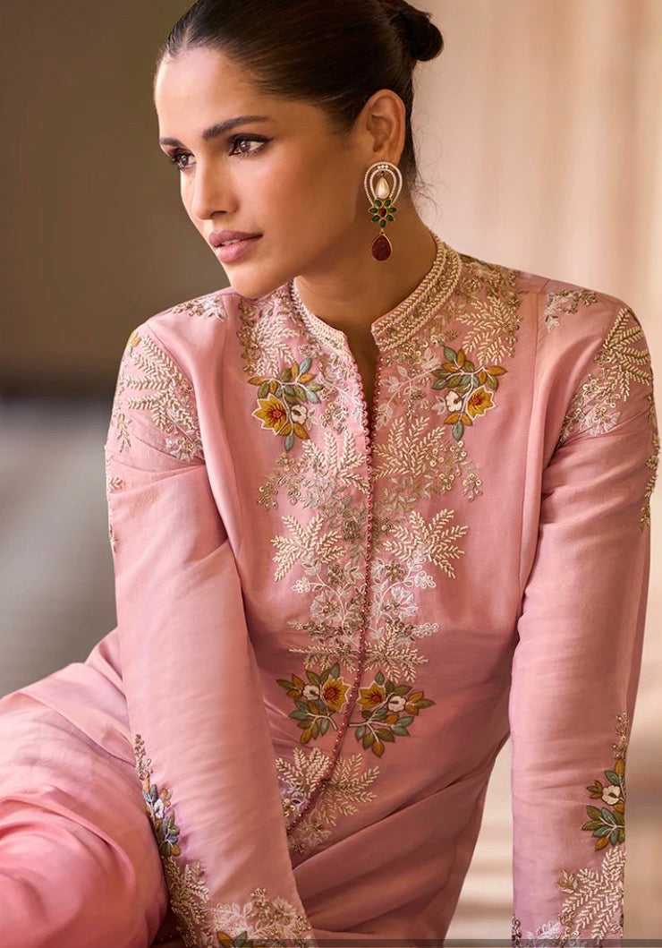 Premium Rosy Pink Chinon Silk Party Wear Anarkali Palazzo Set