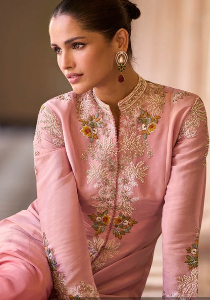 Premium Rosy Pink Chinon Silk Party Wear Anarkali Palazzo Set
