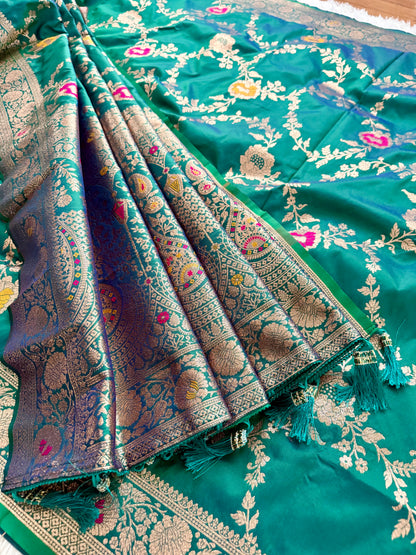 Dual Tone Rama Green Banarasi Saree (Fast Delivery in USA: 2–3 Business Days)