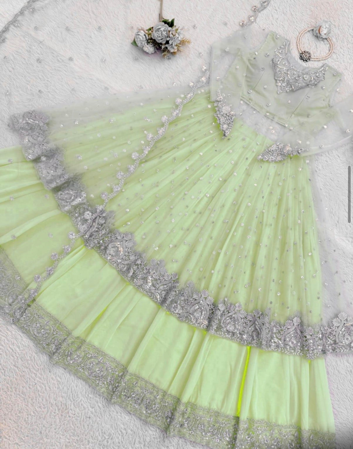 Faux Georgette Gown Lehenga Set with Sequins Work & Net Dupatta