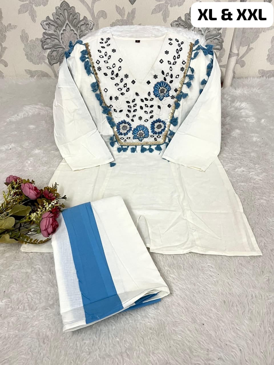 Natural Flax Cotton Mirror Work Co-ord Set