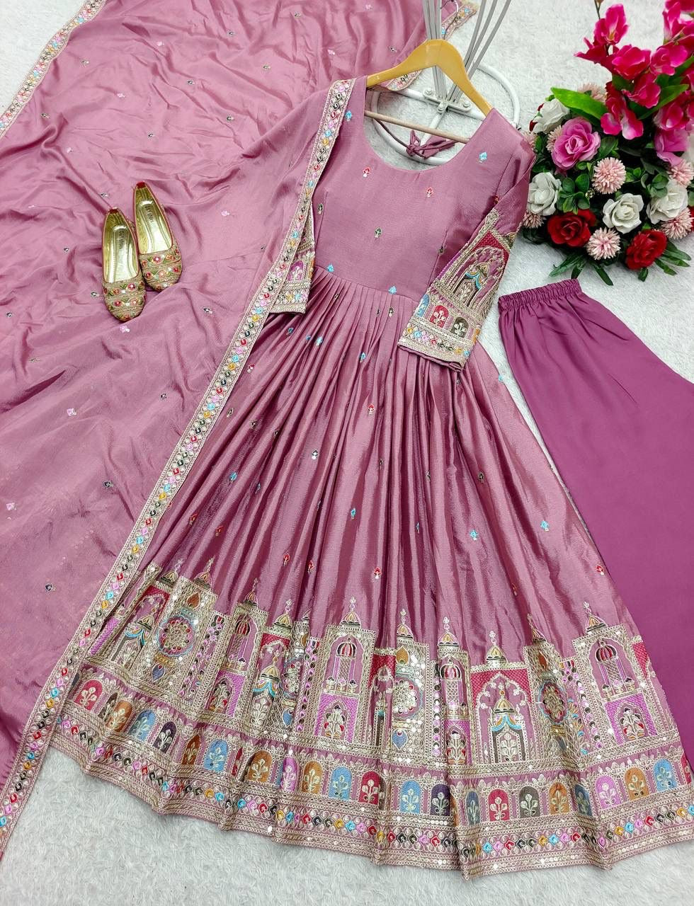 Pure Chinon Silk Gown Pant Dupatta Set