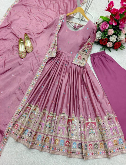 Pure Chinon Silk Gown Pant Dupatta Set