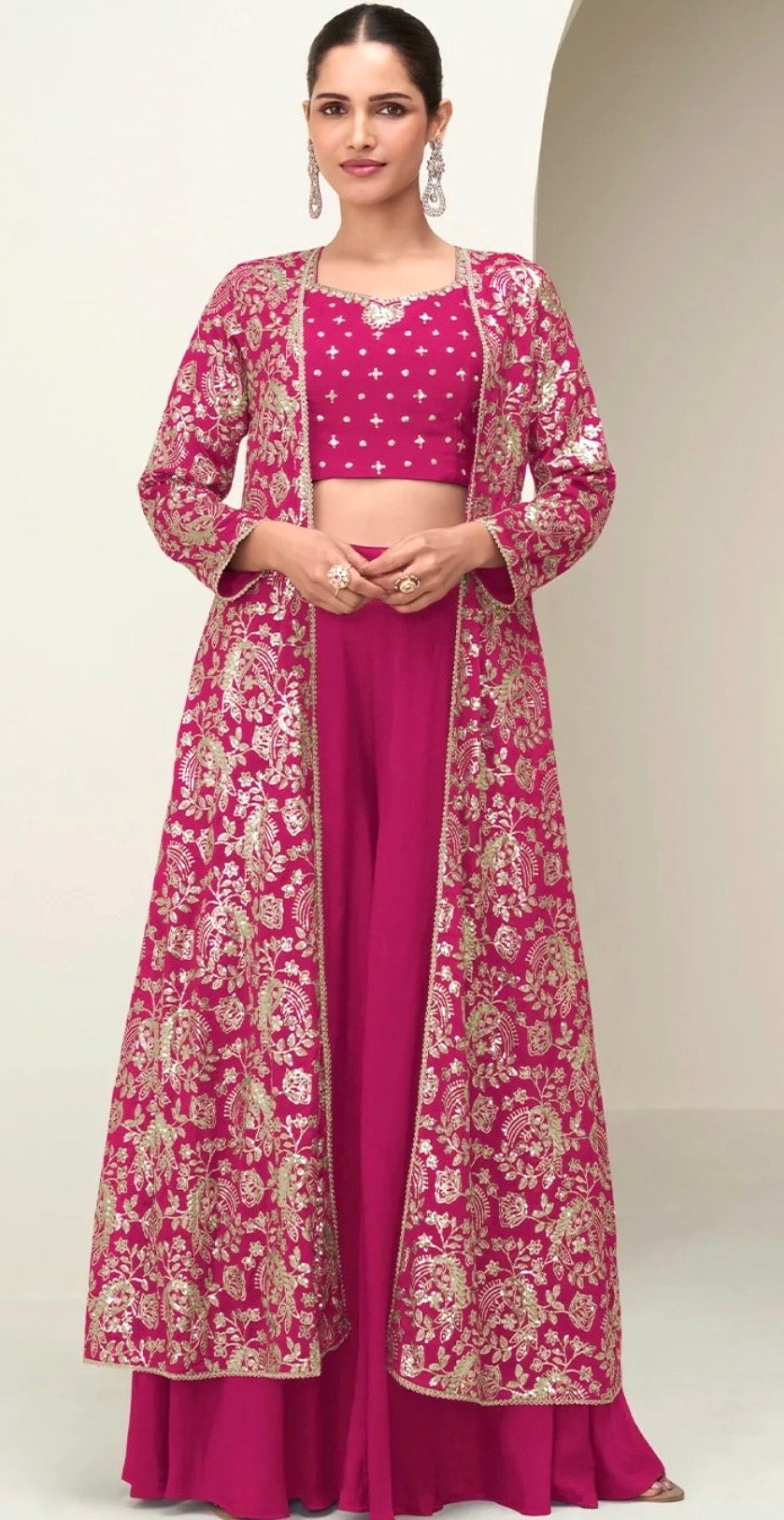 Chinon Silk Embroidered Long Jacket With Palazzo Set