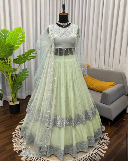 Faux Georgette Gown Lehenga Set with Sequins Work & Net Dupatta