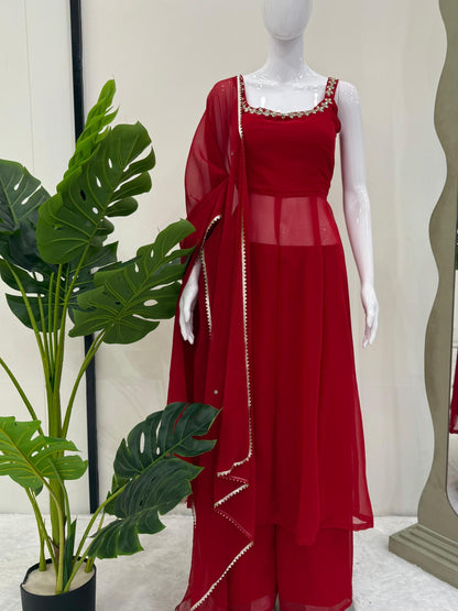 Red Hand Mirror Work Anarkali Suit Set with Palazzo & Dupatta