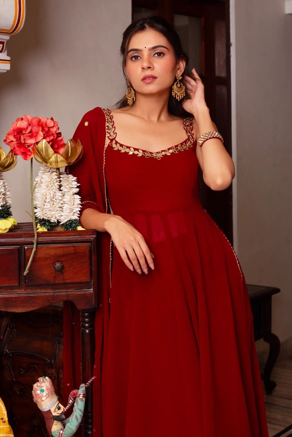 Red Hand Mirror Work Anarkali Suit Set with Palazzo & Dupatta