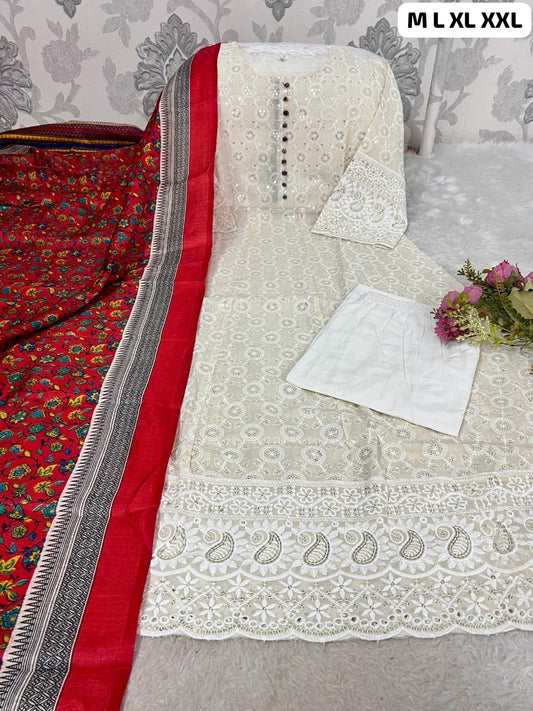 Pure Chikankari Cotton Anarkali Kurti Set with Pants & Chanderi Dupatta – Summer Ethnic Wear