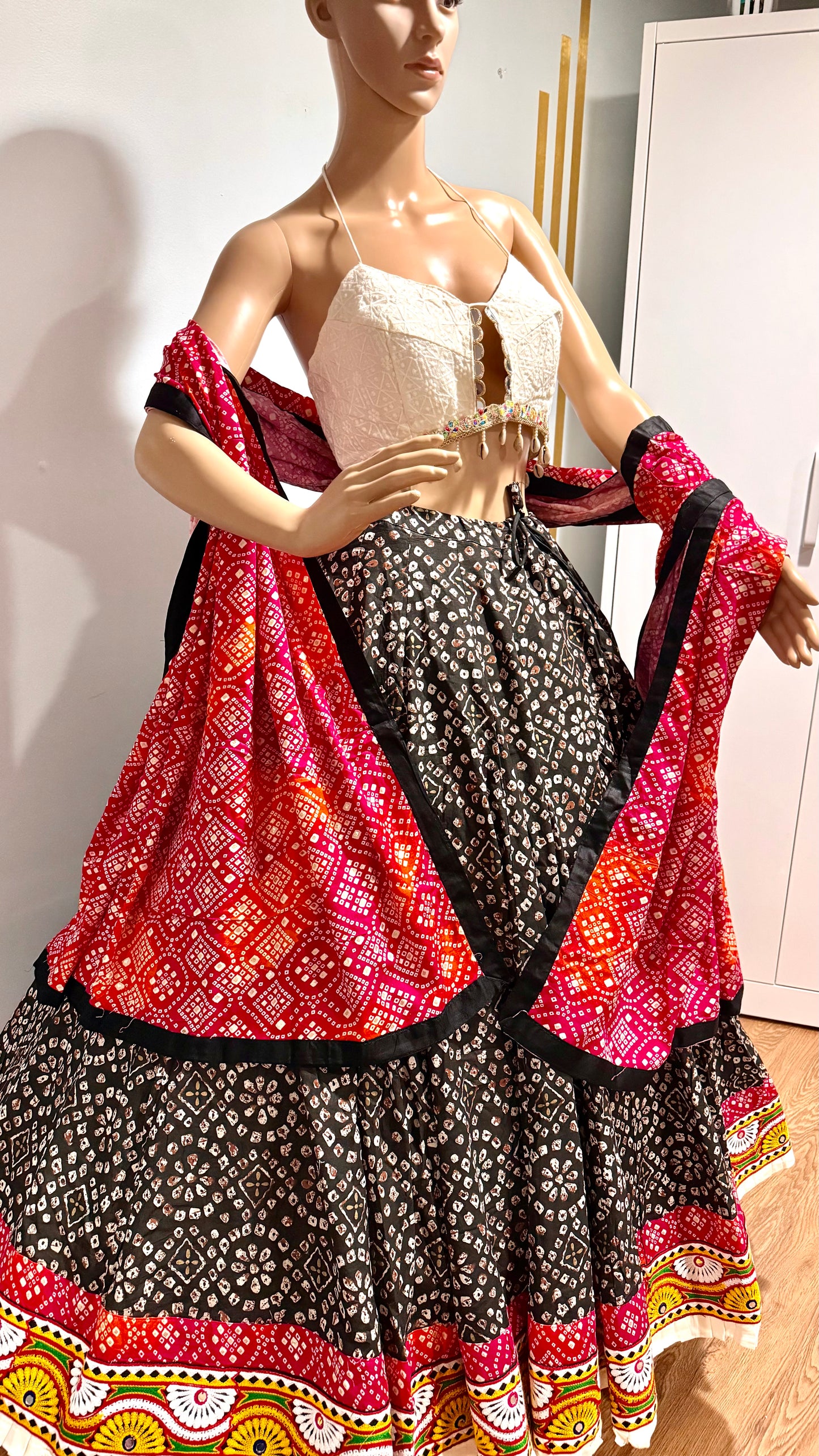 Garba Glam Black Bandhani Chaniya Choli with Designer Shell Blouse