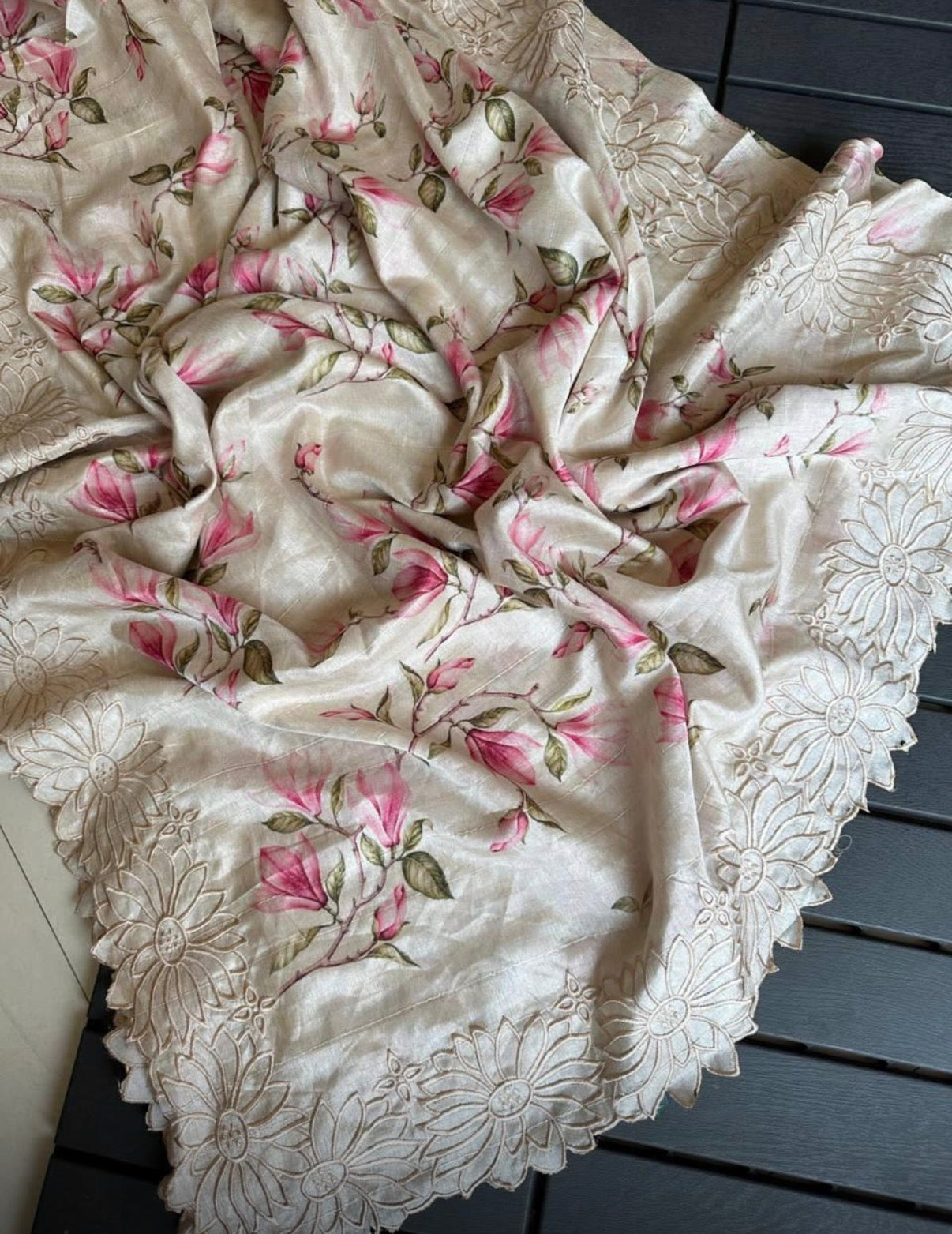 Floral Tussar Silk Saree with Cutwork Embroidered Border