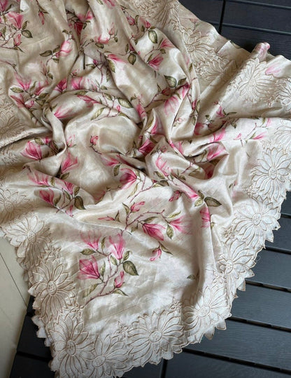 Floral Tussar Silk Saree with Cutwork Embroidered Border