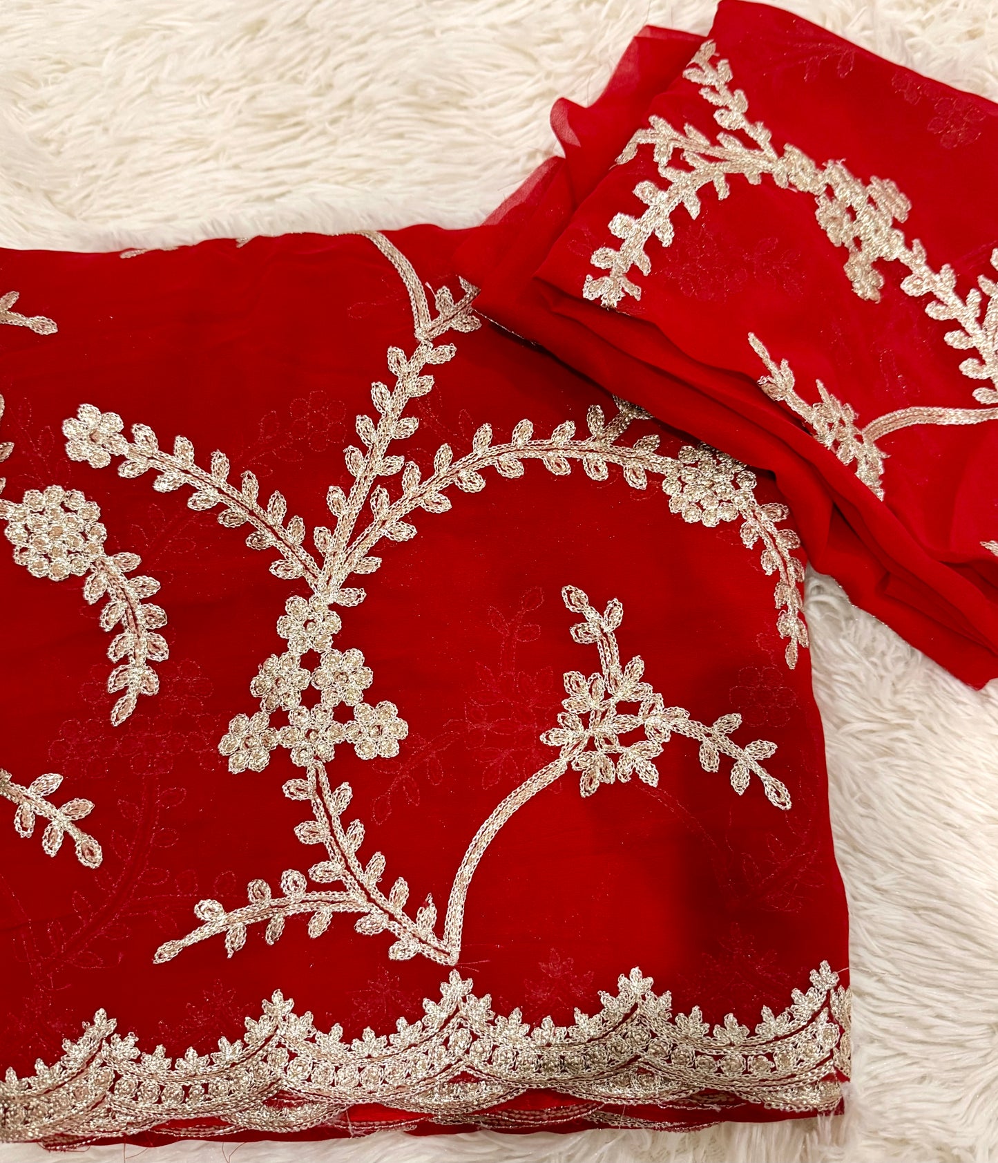 Red Bridal Georgette Saree with Golden Sequence Kashida Work