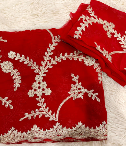 Red Bridal Georgette Saree with Golden Sequence Kashida Work