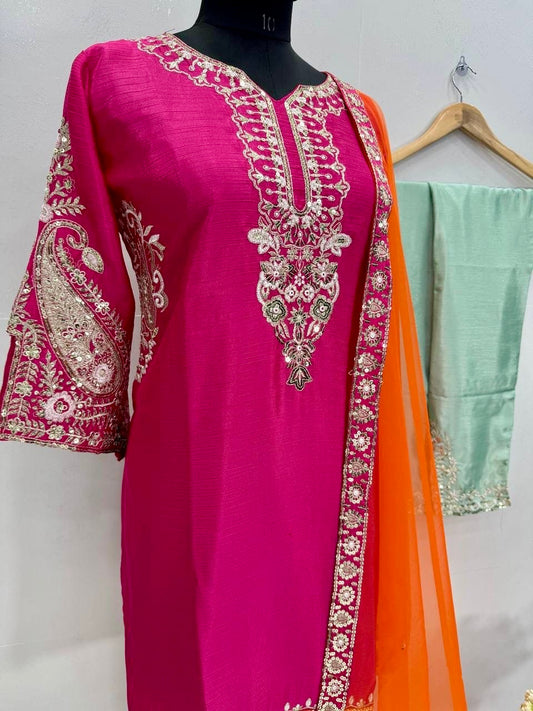 Heavy Chinon Embroidered Plazzo Set with Dupatta |