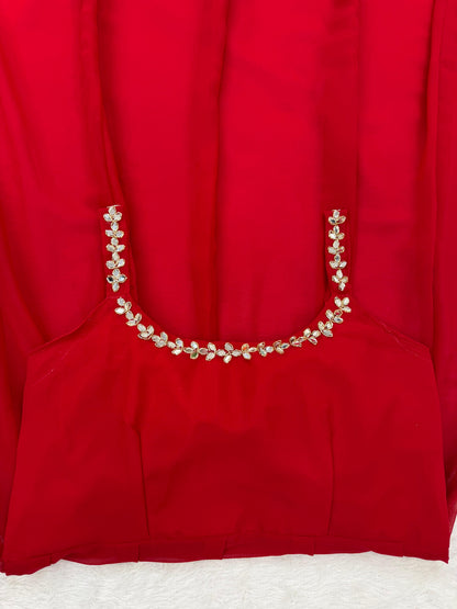 Red Hand Mirror Work Anarkali Suit Set with Palazzo & Dupatta