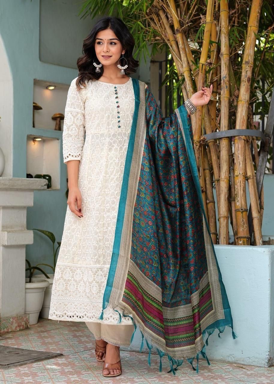 Pure Chikankari Cotton Anarkali Kurti Set with Pants & Chanderi Dupatta – Summer Ethnic Wear